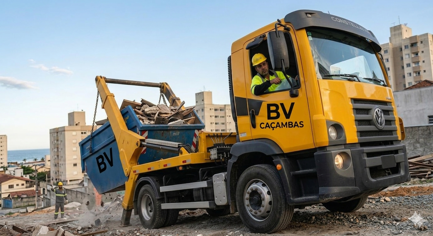 Operador BV Caçambas posicionando caçamba na rua